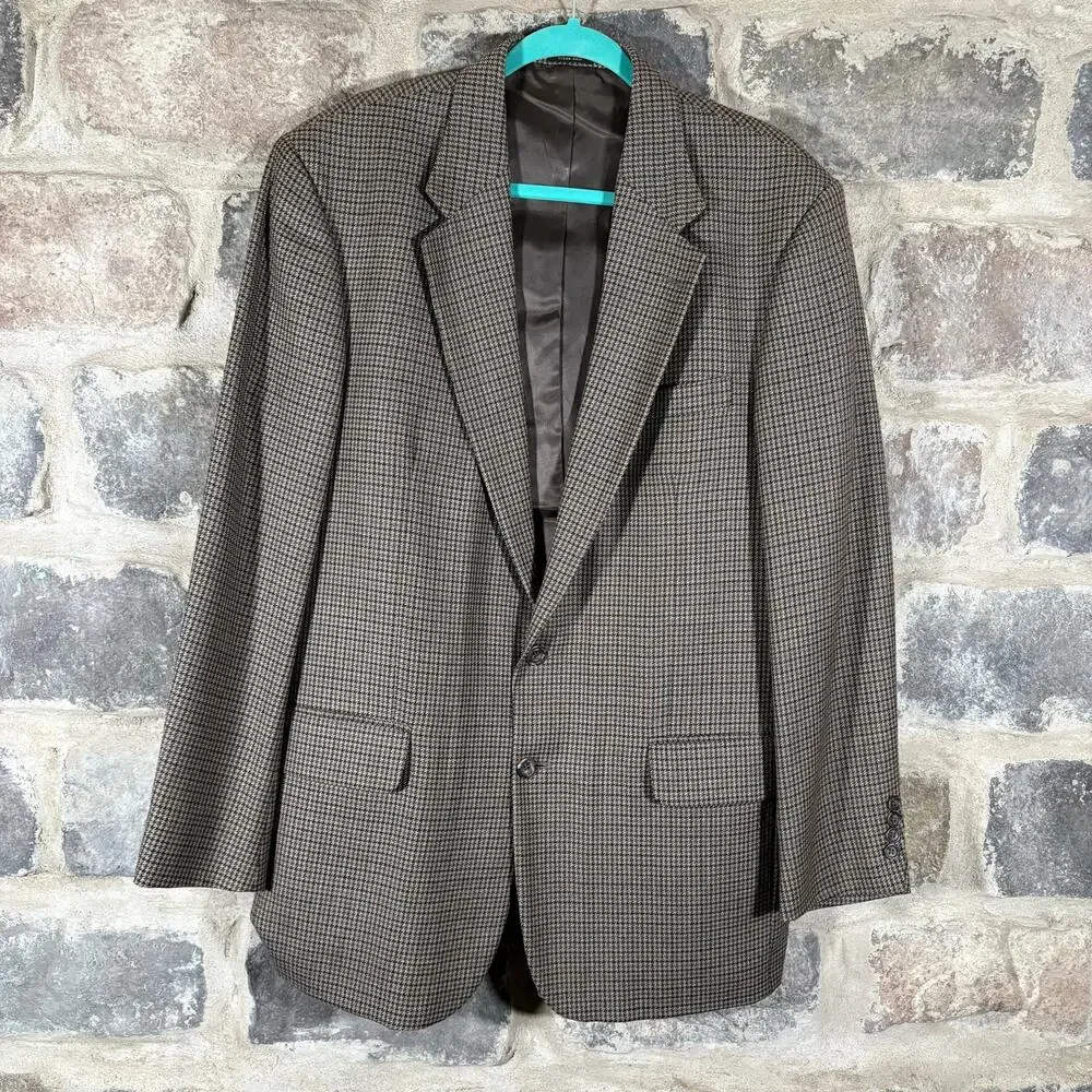 Oscar De La Renta Menswear Blazer 2 Button 42L Tan Wool Houndstooth Office Work